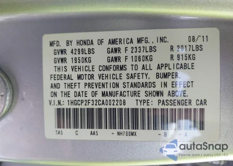 2012 Honda Accord 2.4 Lx z USA, uszkodzony, nr VIN 1HGCP2F32CA002208